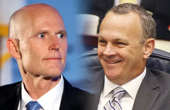 the bill could prove to be an inviting target for Gov. Rick Scott, left. It was pushed by House Speaker Richard Corcoran, a Land O' Lakes Republican who sparred with the governor throughout the session over economic-development incentives and tourism marketing. (Florida Politics)