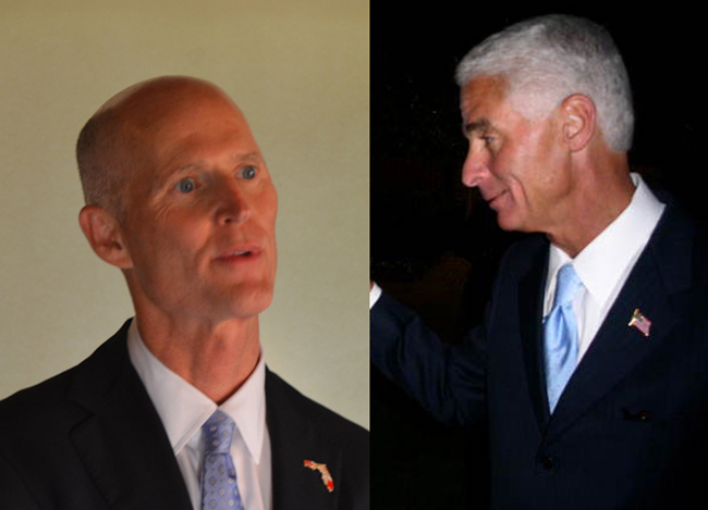 Gov. Rick Scott, left, is still not managing to dent Charlie Crist's popularity.