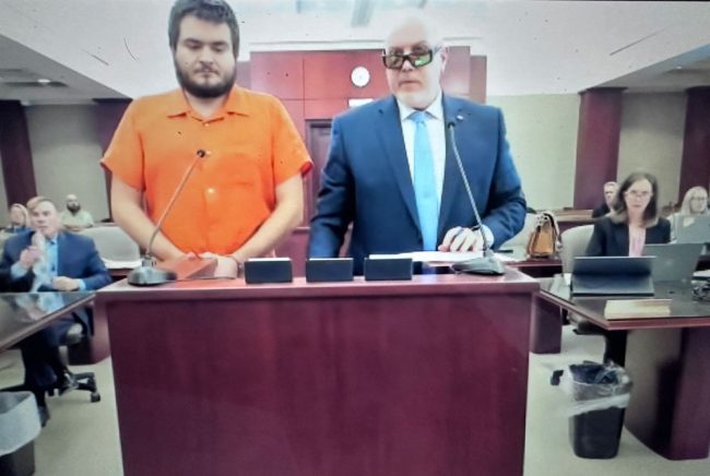 Scott DuPont, the former judge, representing Anthony Orlando in court today, in shades. (© FlaglerLive via zoom)