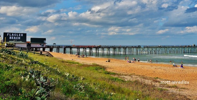 Flagler Beach attorney Scott Spradley will present this photograph of the pier, which he took, to the City Commission on Oct. 9 as a gift marking his 25 years as a member of the Florida Bar. The 6 fot by 3 foot photo on canvass will be on display in the chambers of the city commission. Click on the image for larger view. (© Scott Spradley for FlaglerLive)