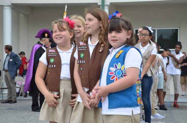 Girls from Flagler County Girl Scouts Troup 872, at this morning's ceremony in Bunnell. (© FlaglerLive)