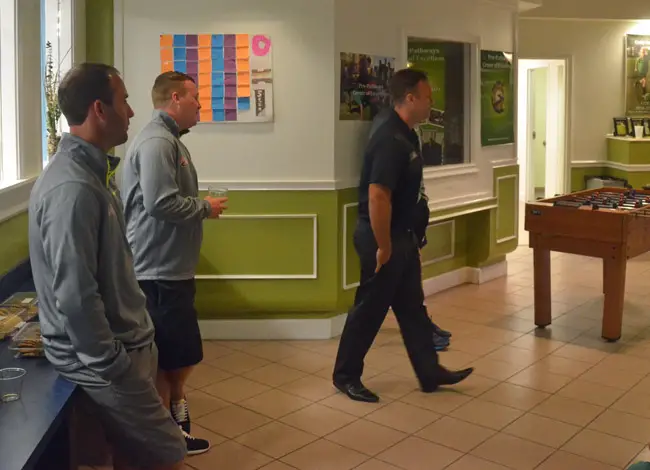 Sean Stern, left, during a soccer academy staff meeting with parents and students in Palm Coast last October. Ryan Maloney, then director of the academy, is to the right. (© FlaglerLive)
