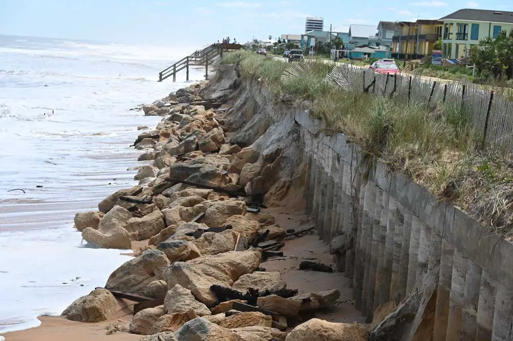The secant seawall at the north end of Flagler Beach, built in 2019, held strong during the last two hurricanes last fall, but the dunes that once covered it are gone, so is the high-tide beach in front of it, scoured as it's been by wave energy that cannot be diffused by the slope of dunes. (© FlaglerLive)