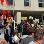Genesis Robinson of Equal Ground speaks as a crowd protesting mid-decade redistricting gathers outside the Florida Capitol as lawmakers convened inside in a special session on the matter on April 28, 2026. (Photo by Jay Waagmeester/Florida Phoenix)