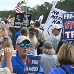 A small segment of today;'s protest near the Target shopping center that filled the block from Belle Terre Parkway to Landing Boulevard. (© FlaglerLive)