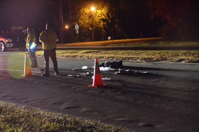 Debris from Barney Davis's motorcycle, which traveled several feet further after Davis took evasive action. (c FlaglerLive)