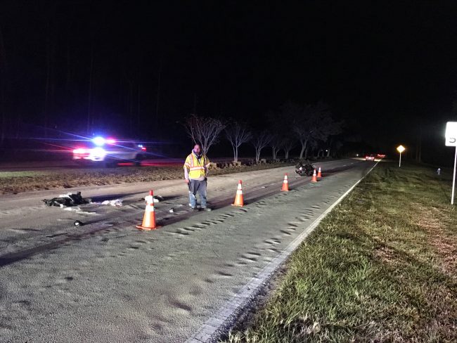 The scene on Seminole Woods Boulevard looking south just past the southernmost entrance to the RaceTrac gas station, where Davis fell before his motorcycle overturned and came to rest further south. (c FlaglerLive)