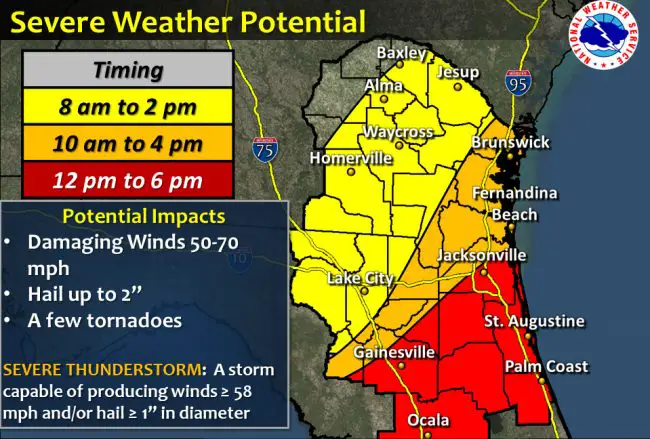 The National Weather Center's prediction for today projects a potential for severe and damaging weather onto the entirety of Flagler. 