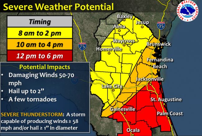 The National Weather Center's prediction for today projects a potential for severe and damaging weather onto the entirety of Flagler. 