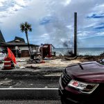 The scene of the incident south of the pier this afternoon soon after the beam struck a power line. Vern Shank, the Flagler Beach DJ, was on the air when power went off and he ran outside, taking that picture soon after. “That’s kind of like the ail end of the smoke coming out," he said.