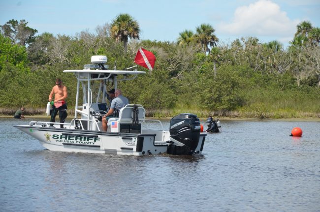 The Sheriff's Office, assisted by Volusia County Sheriff's units, sent in divers into the Intracoastal this morning. (c FlaglerLive)