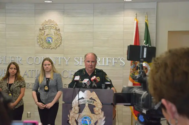 Sheriff Rick Staly with Detectives Conrad and Glasgow announcing the arrest this morning. (c FlaglerLive)