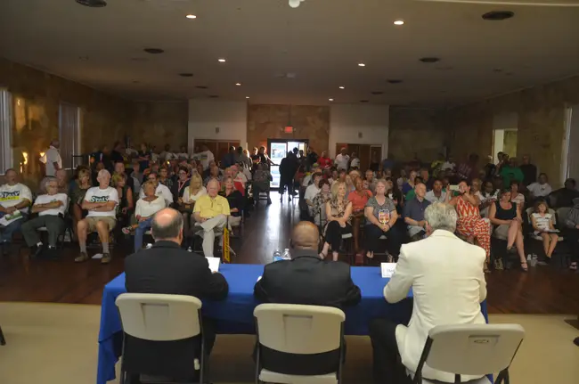 It was standing room only at the old coquina building in Bunnell for Monday's sheriff's forum. (c FlaglerLive)
