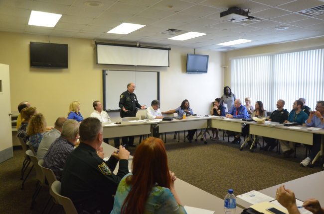 Sheriff Rick Staly addressing today's meeting on Stride at the jail's administrative building. Click on the image for larger view. (© FlaglerLive)