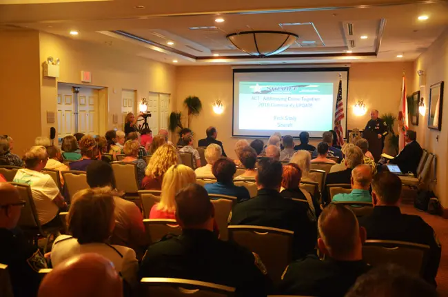 Some 75 people turned up at the Hilton garden Inn in Palm Coast Thursday afternoon to hear Sheriff Rick Staly's state of policing in Flagler in the first quarter of 2018. (© FlaglerLive)