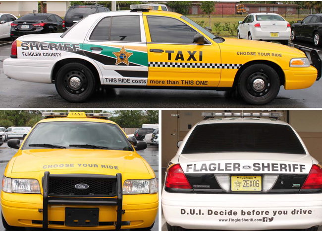 The Flagler County Sheriff's "taxi-patrol car" is designed to remind drivers that calling for a ride when drunk will always be cheaper than getting a ride to jail. (FCSO)