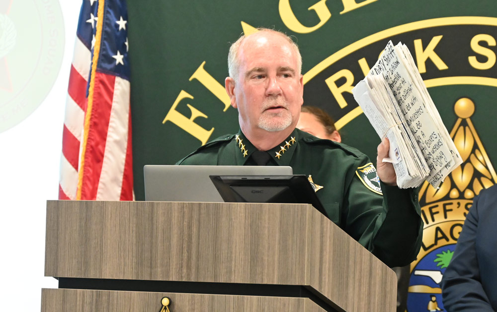 Sheriff Rick Staly likes evidence, not political intrigue. The image above is from a news conference a year ago. (© FlaglerLive)
