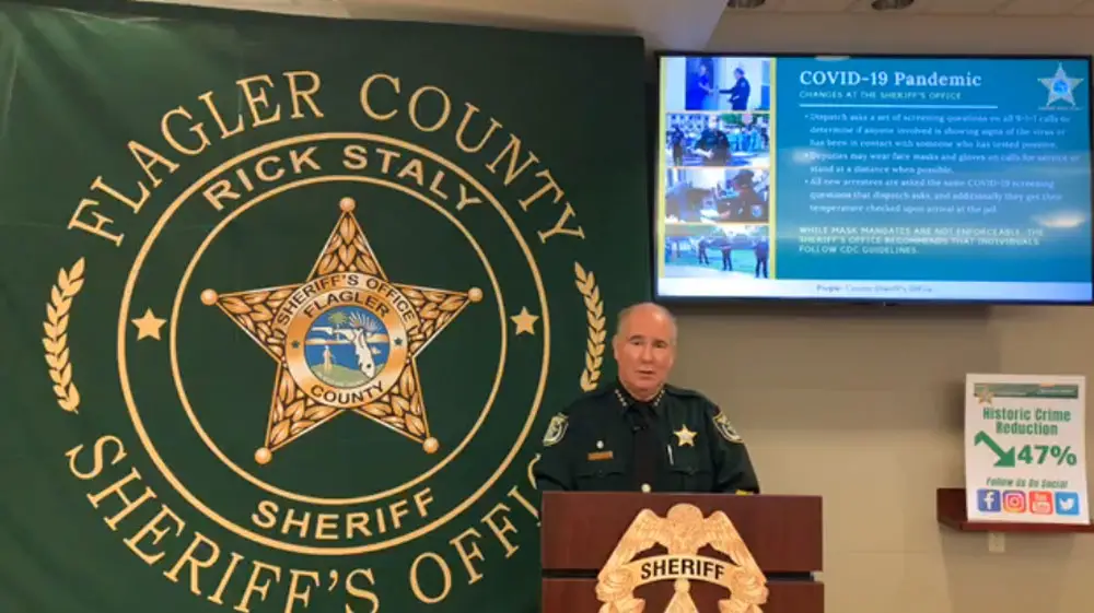 Sheriff Rick Staly during his 'Addressing Crime Together' presentation today. (© FlaglerLive via Facebook)