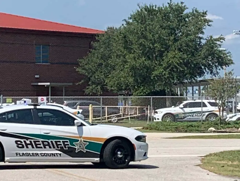 An immediately heavy sherif's response this morning followed the triggered alarm signaling the possible presence of an active shooter at Matanzas High School. (© FlaglerLive)
