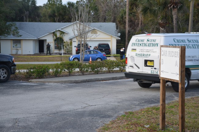 The Flagler County Sheriff's Crime Scene Investigation unit arrives at the scene of Tuesday afternoon's shooting in a house across the street from the Wadsworth Elementary School parking lot. Click on the image for larger view. (c FlaglerLive)