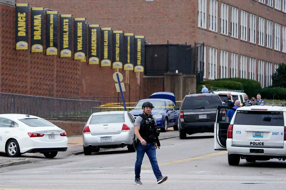 St Louis’ Central Visual and Performing Arts High School – the latest scene of school gun violence. (AP Photo/Jeff Roberson)