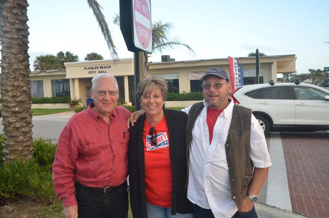 Flagler Beach Commissioners Marshall Shupe, left, and Kim Carney, with challenger Paul Eik, late this afternoon. (© FlaglerLive)