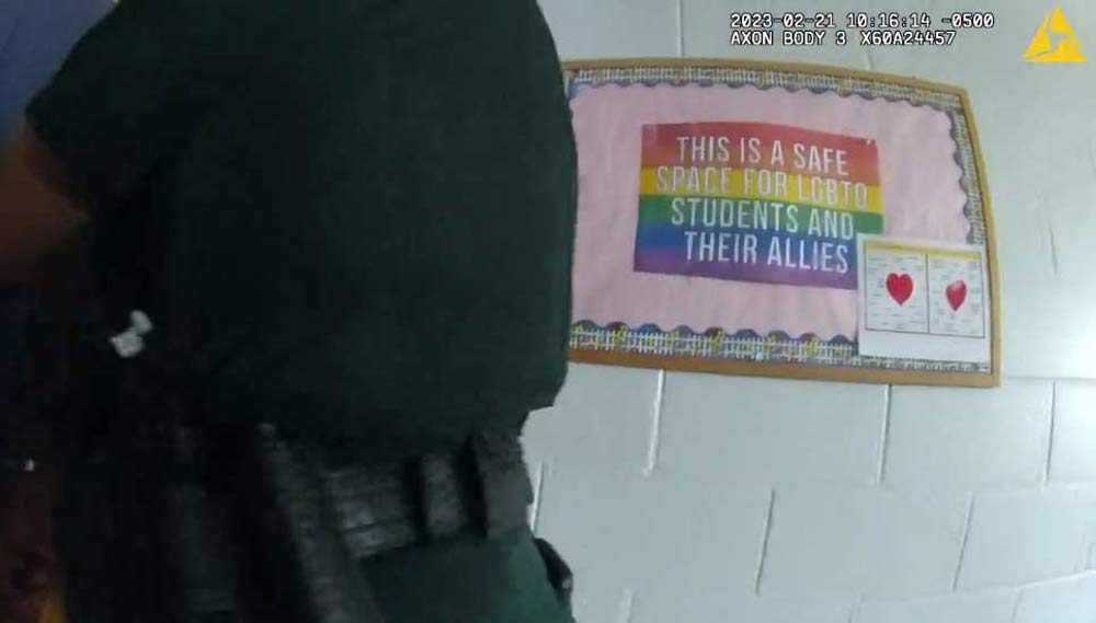 The sign in a Matanzas High School classroom proved unacceptable to Flagler County School Board member Christy Chong. (© FlaglerLive via Axon video)