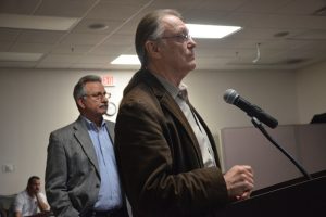 John Lowe of Hearthstone Fellowship in the foreground, and Charles Silano of Open Door Reeentry Recovery, both organizations that run recovery houses. (© FlaglerLive)