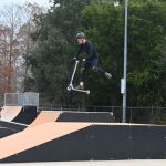 A boarder airborne this morning, during the county's rededication of Wadsworth Skate Park. (© FlaglerLive)
