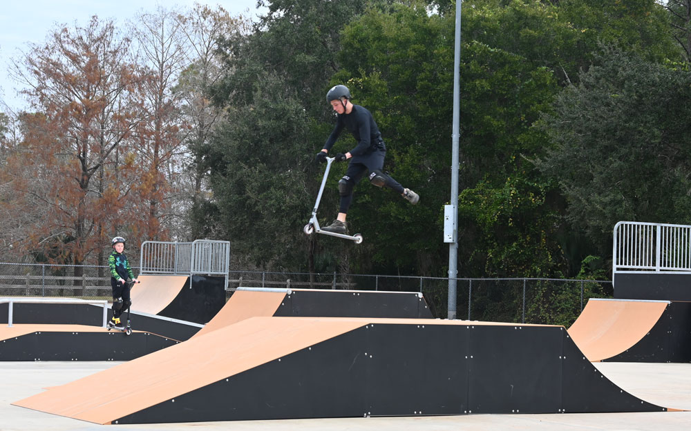 A boarder airborne this morning, during the county's rededication of Wadsworth Skate Park. (© FlaglerLive)