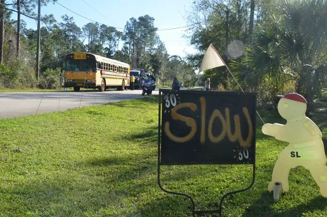 The scene of a crash involving a school bus last February in the LL Section of Palm Coast, the last time a bus was involved in a crash. (© FlaglerLive)