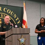 Flagler County Sheriff Rick Staly with Superintendent LaShakia Moore at this evening's press conference. (© FlaglerLive)