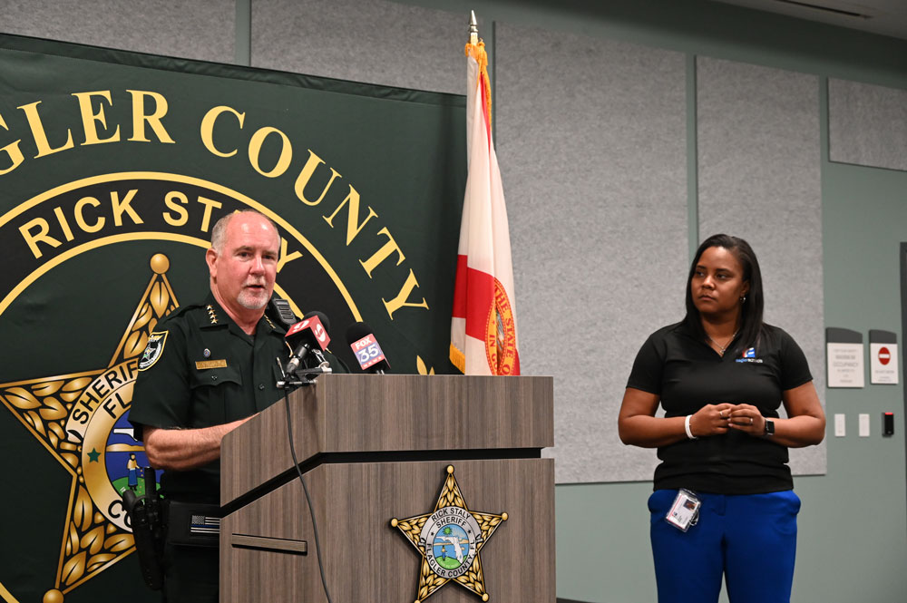 Flagler County Sheriff Rick Staly with Superintendent LaShakia Moore at this evening's press conference. (© FlaglerLive)