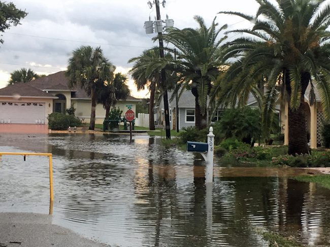 Flood waters at the south end of Flagler Beach this evening. (c FlaglerLive)