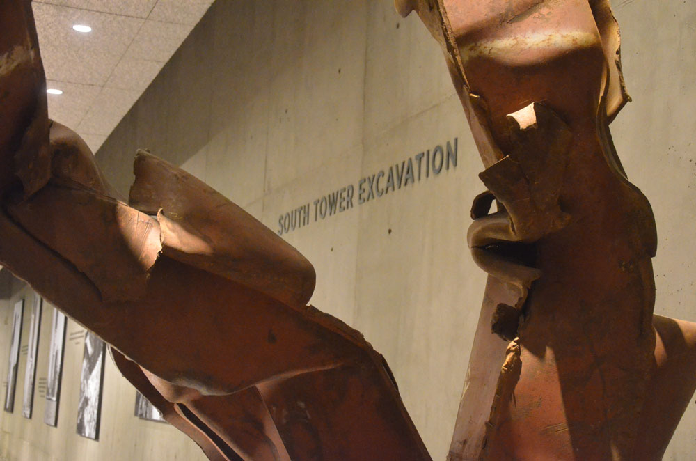 Steel beams from the South Tower at the 9/11 Memorial in Manhattan. (© FlaglerLive)