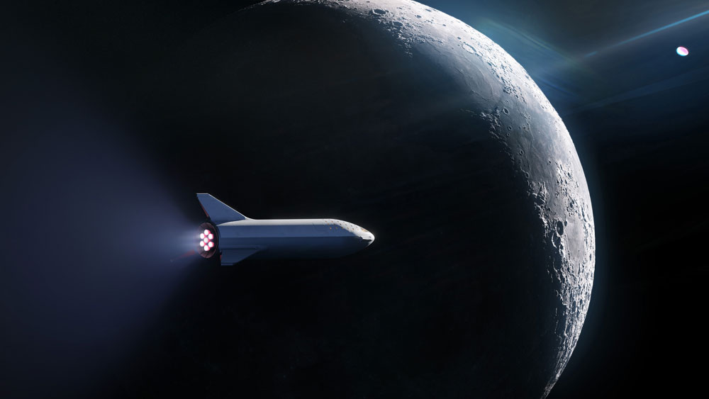 Artist’s impression of Starship cruising past the Moon. (Space Exploration Technologies Corp./SpaceX Flickr, CC BY-SA)