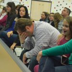 Yes, it's spelling bee time: the countywide spelling bee is at Wadsworth Elementary's cafeteria this evening. See details below. Above, Josh Davis, the local attorney, agonizing during last year's finals as his daughter Addison spelled round after round: she won. (© FlaglerLive)