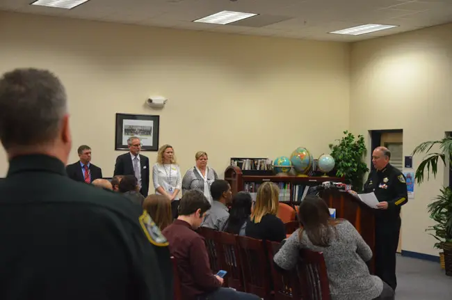 Sheriff Rick Staly and Superintendent Jim tager announced plans to post a school resoiurce deputy at each of Flagler's schools by next year during a press conference on March 8. (© FlaglerLive)