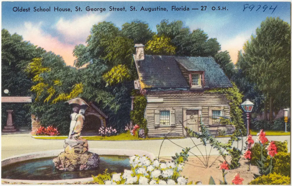 A postcard of one of the oldest schoolhouses in the country, in St. Augustine, pre-vouchers. (Boston Public Library) 