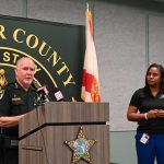 Sheriff Rick Staly with Superintendent LaShakia Moore last month during a press conference about recurring threats to schools. (© FlaglerLive)