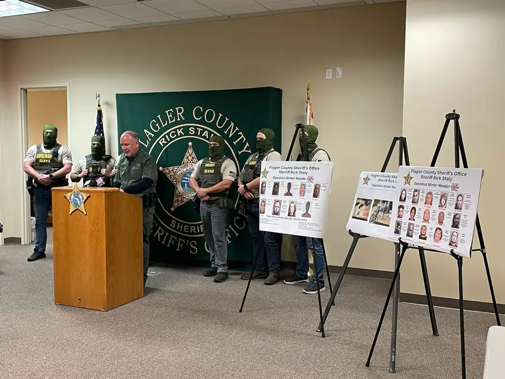 Sheriff Rick Staly at a press conference this afternoon, speaking about the operation. (© FlaglerLive)