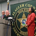 Sheriff Rick Staly with Superintendent LaShakia Moore and School Board Chair Will Furry during a press conference this afternoon. (© FlaglerLive)