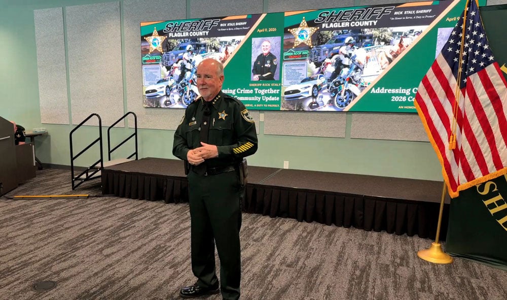 Sheriff Rick Staly at the annual Addressing Crime Together presentation last week at the Sheriff's Operations Center's briefing room. (© FlaglerLive via Facebook)