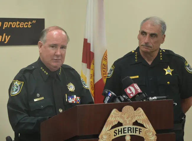 Sheriff Rick Staly, left, has at times sounded the tough-cop vernacular as Volusia County Sheriff Mike Chitwood, who since his days as Daytona Beach's police chief rarely hesitated to speak as judge and jury of many suspects. (© FlaglerLive)