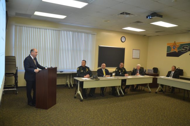 Rick Staly, left, and his command staff this morning. From left, Steve Cole, Rick Ramirez, Paul Bovino, Mark Strobridge, and Bob Weber. Click on the image for larger view. (© FlaglerLive)