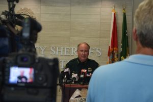 Sheriff Staly at today's press conference, held shortly after his return from attending the funeral of Matthew Baxter, a 26-year-old Kissimmee police officer and father of four murdered Friday night. Click on the image for larger view. (© FlaglerLive)