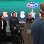 Sheriff Rick Staly at this afternoon's press conference with, among others, Detective Joseph O'Barr and Assistant State Attorney Melissa Clerk. (© FlaglerLive)