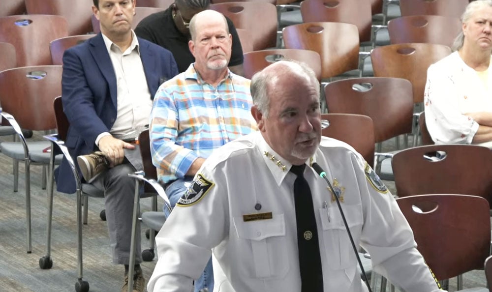 Flagler County Sheriff Rick Staly addressing the proposed homestead exemption amendment as he spoke to the Palm Coast City Council this morning. Staly's annual budget presentation took up most of the segment, but responding to a council question, he lashed into the amendment proposal with blunt language. (© FlaglerLive via YouTube)