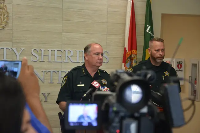 Sheriff Rick Staly, left, and John Creamer, chief deputy of the Volusia County Sheriff's Office, speaking this afternoon about the arrest of Obtravies Watkins, a sex offender facing rape and attempted murder charges, among others. (© FlaglerLive)