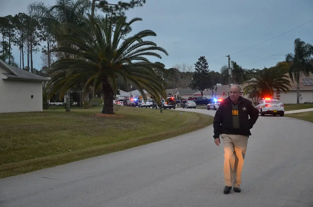 Sheriff Rick Staly at a crime scene in Palm Coast last year. (© FlaglerLive)